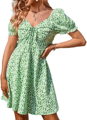 YOXUA Women's Deep V-Neck Summer Mini Dress, Ruffle Short Puff Sleeve Tie Front Floral Printed Beach Swing Dresses