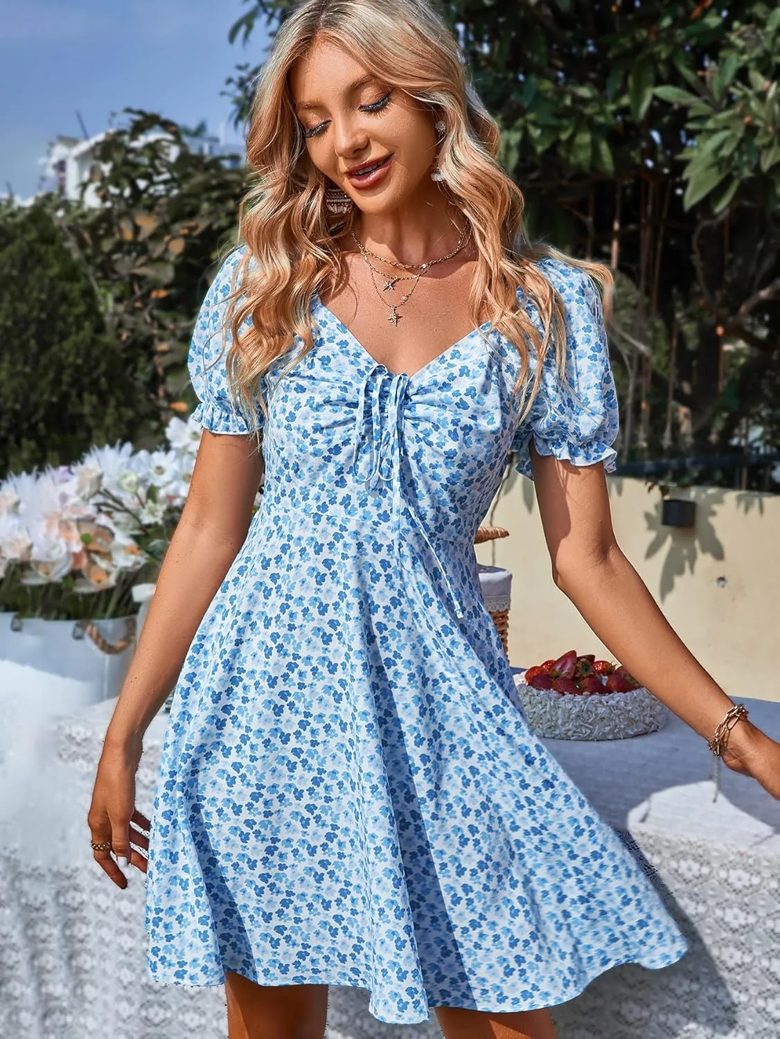 YOXUA Women's Deep V-Neck Summer Mini Dress, Ruffle Short Puff Sleeve Tie Front Floral Printed Beach Swing Dresses