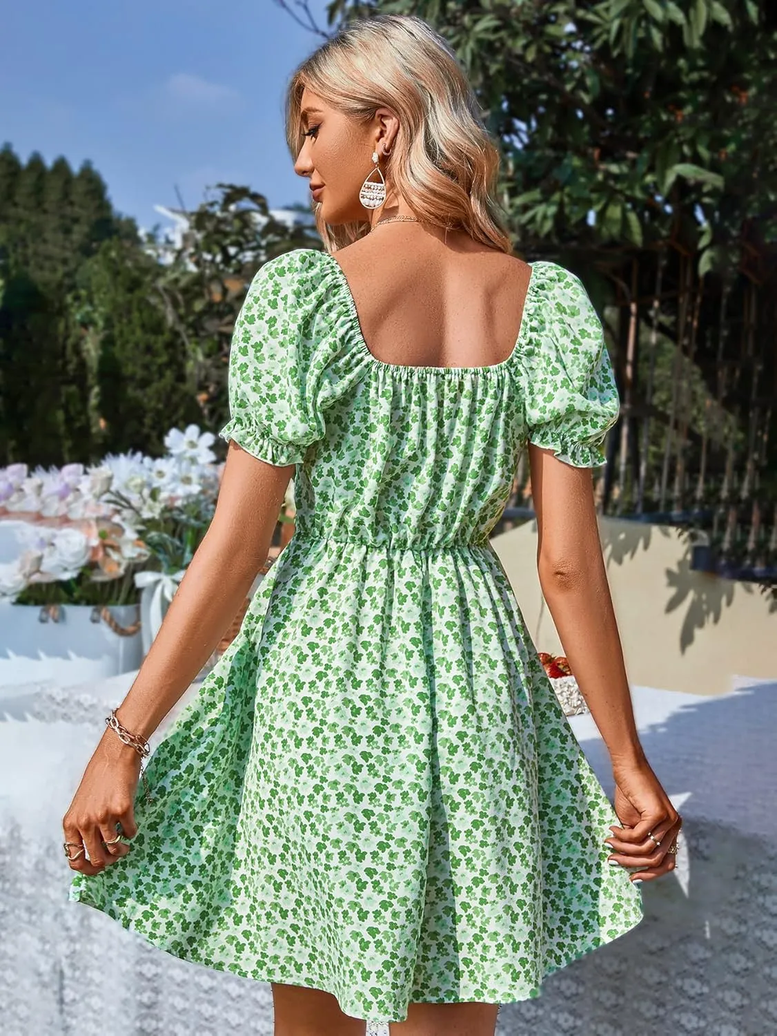 YOXUA Women's Deep V-Neck Summer Mini Dress, Ruffle Short Puff Sleeve Tie Front Floral Printed Beach Swing Dresses
