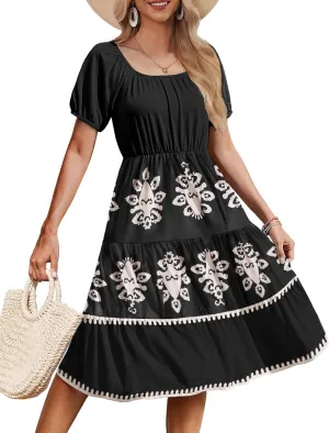 Zeagoo Womens Summer Dress 2025 Puff Sleeve Square Neck Dresses Casual Tiered Boho Beach Vacation Midi Dress with Pockets