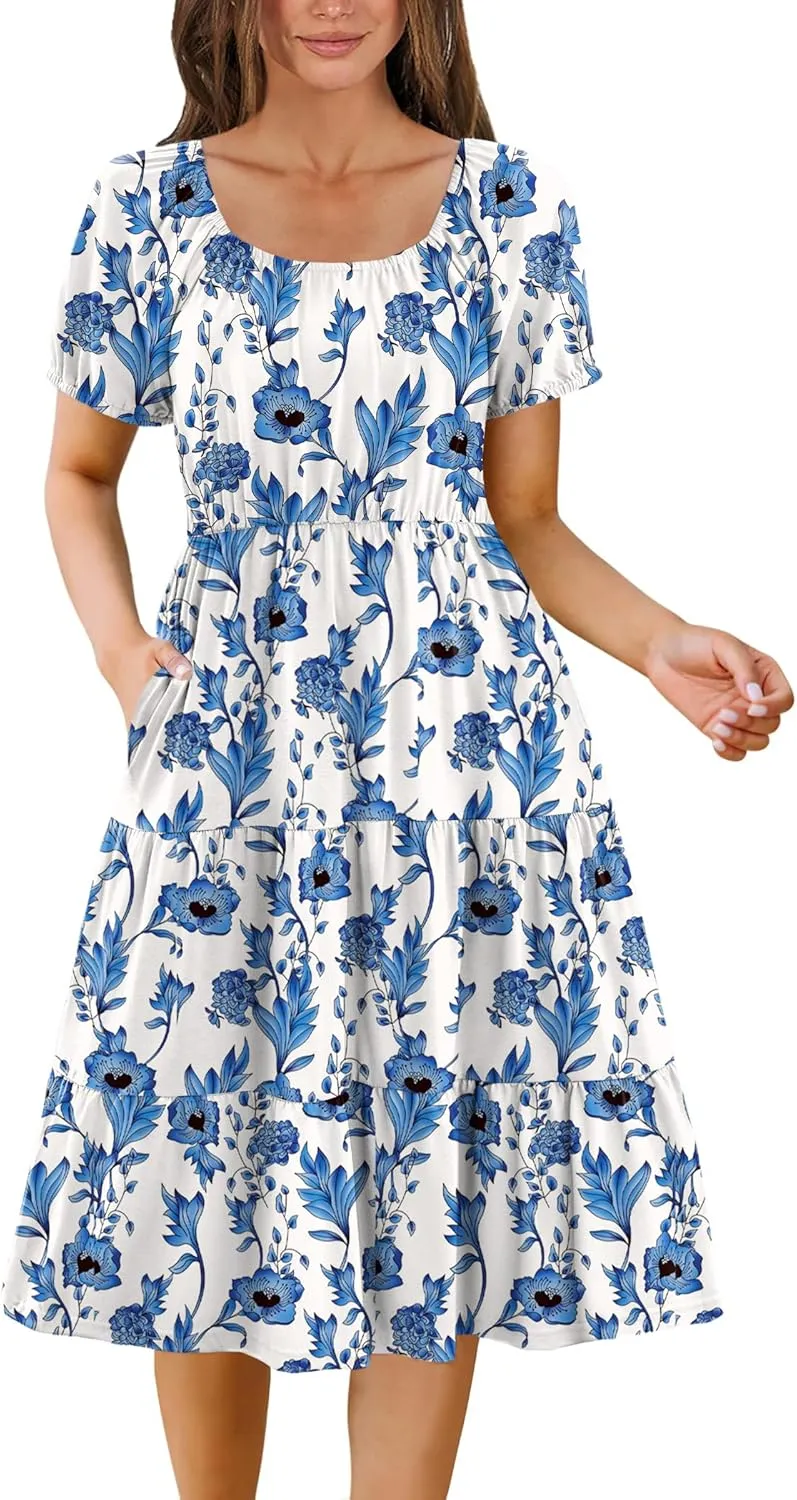 Zeagoo Women's Summer Dress Casual Puff Sleeve Square Neck Midi Dresses Tiered Beach Vacation A-Line Sundress with Pockets