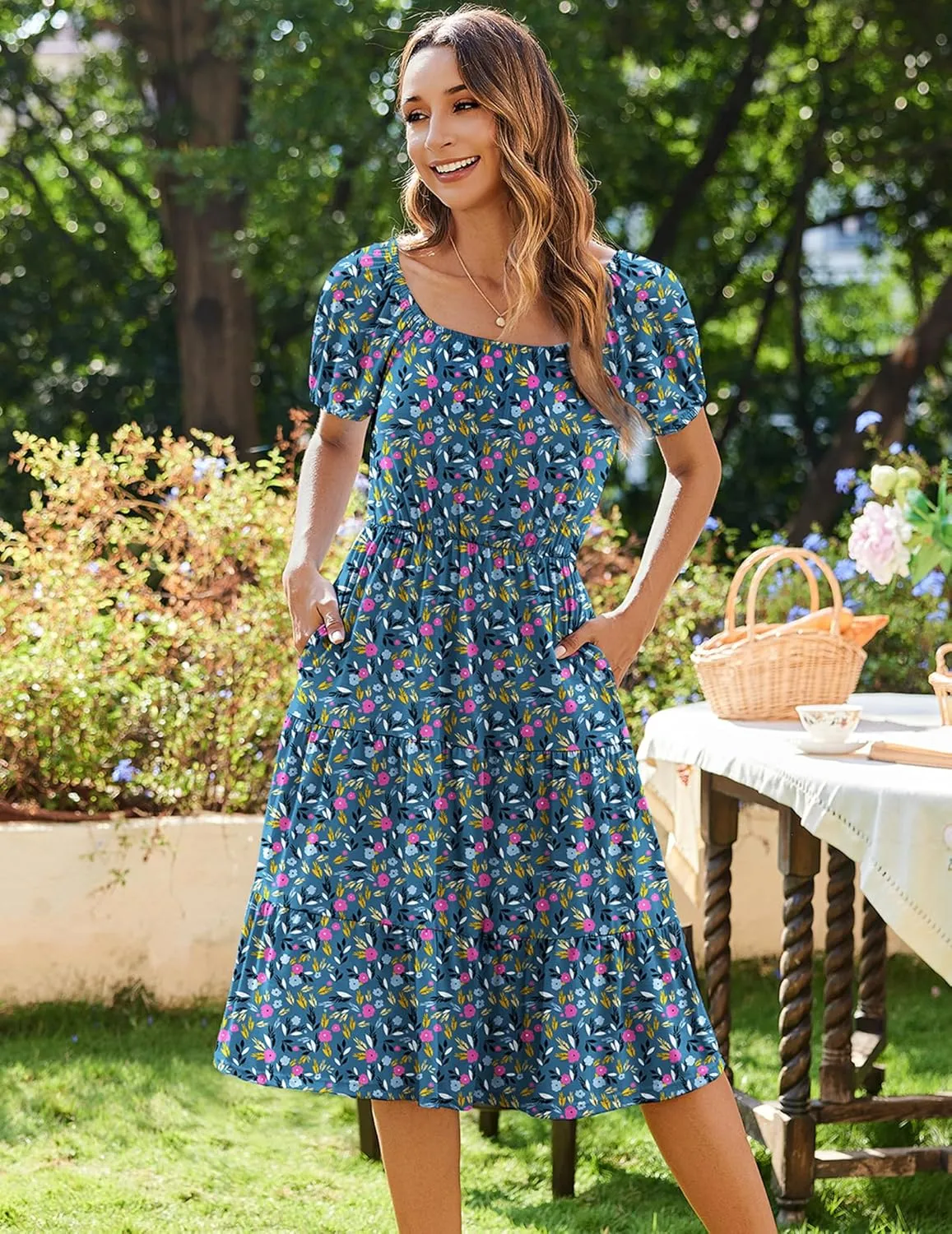 Zeagoo Women's Summer Dress Casual Puff Sleeve Square Neck Midi Dresses Tiered Beach Vacation A-Line Sundress with Pockets