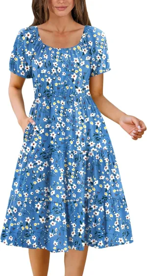 Zeagoo Women's Summer Dress Casual Puff Sleeve Square Neck Midi Dresses Tiered Beach Vacation A-Line Sundress with Pockets