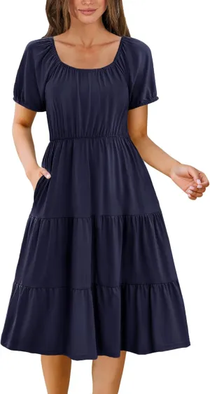 Zeagoo Women's Summer Dress Casual Puff Sleeve Square Neck Midi Dresses Tiered Beach Vacation A-Line Sundress with Pockets