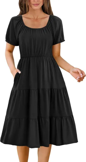 Zeagoo Women's Summer Dress Casual Puff Sleeve Square Neck Midi Dresses Tiered Beach Vacation A-Line Sundress with Pockets