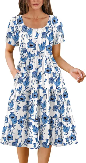Zeagoo Women's Summer Dress Casual Puff Sleeve Square Neck Midi Dresses Tiered Beach Vacation A-Line Sundress with Pockets
