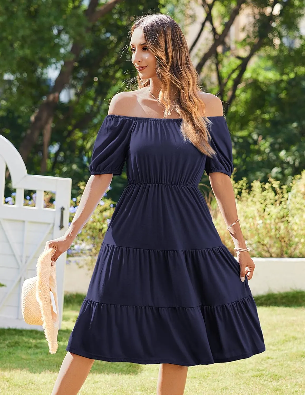 Zeagoo Women's Summer Dress Casual Puff Sleeve Square Neck Midi Dresses Tiered Beach Vacation A-Line Sundress with Pockets