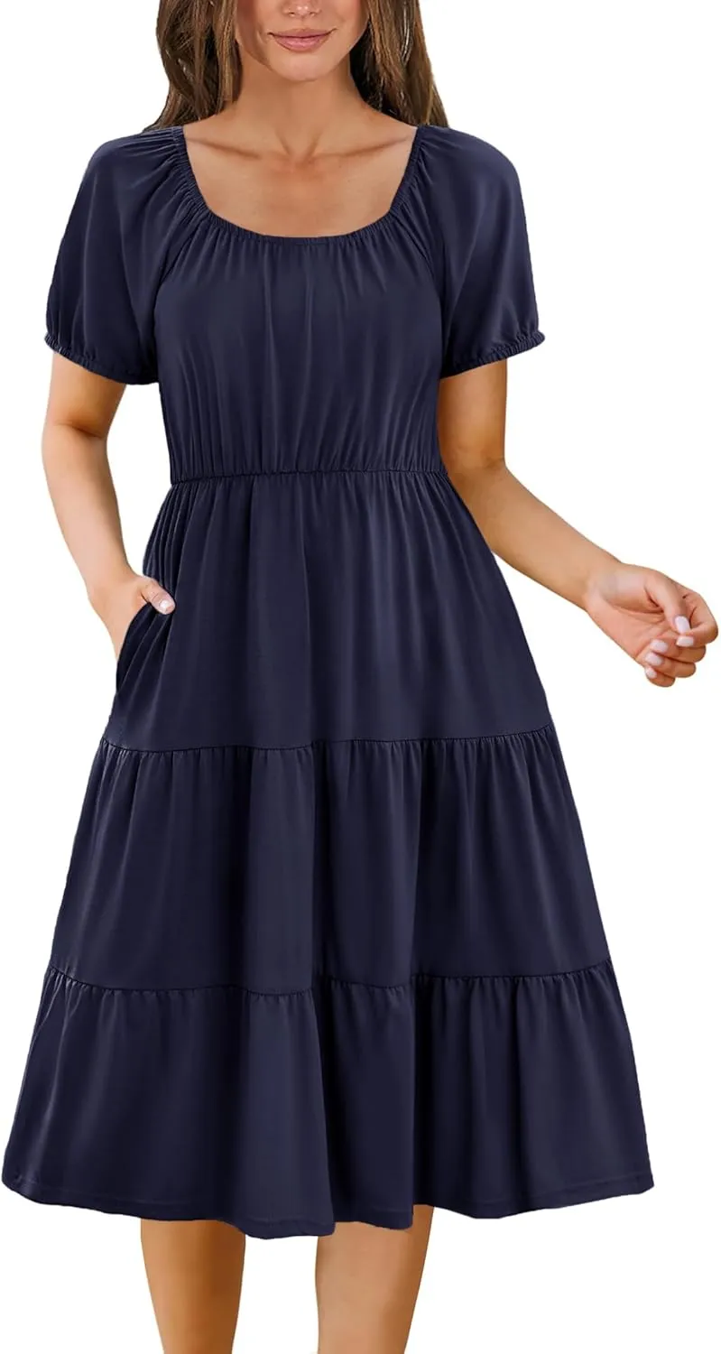 Zeagoo Women's Summer Dress Casual Puff Sleeve Square Neck Midi Dresses Tiered Beach Vacation A-Line Sundress with Pockets