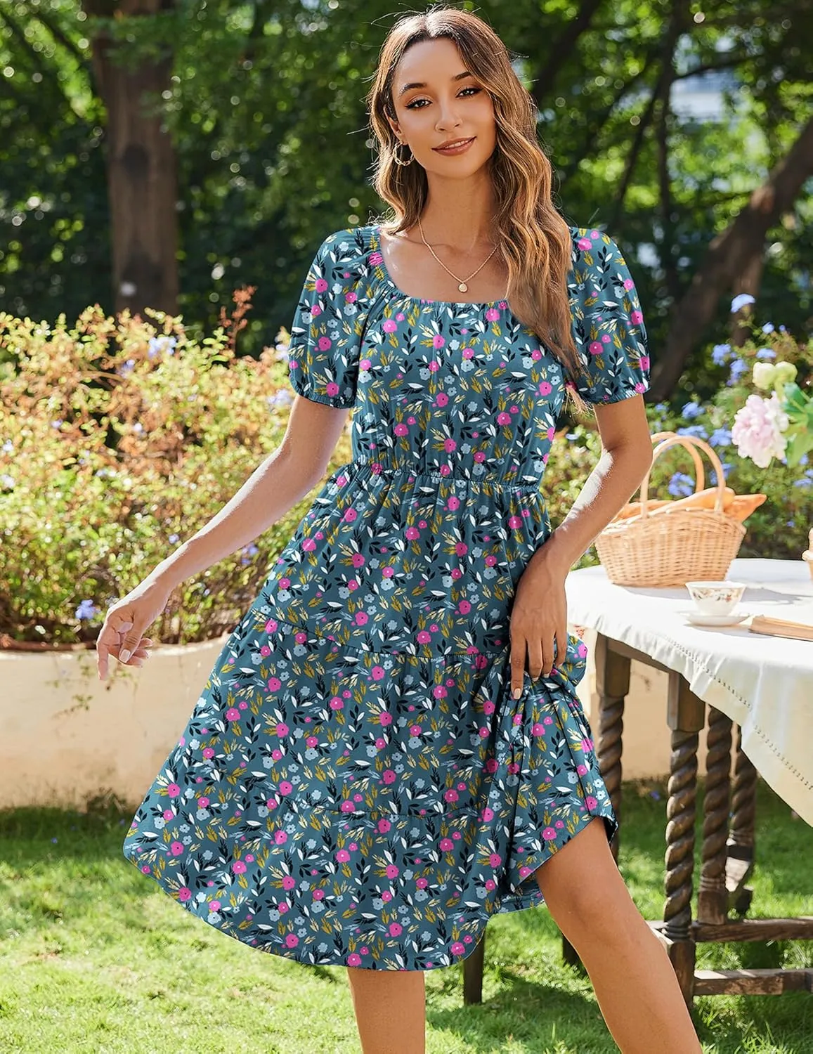 Zeagoo Women's Summer Dress Casual Puff Sleeve Square Neck Midi Dresses Tiered Beach Vacation A-Line Sundress with Pockets