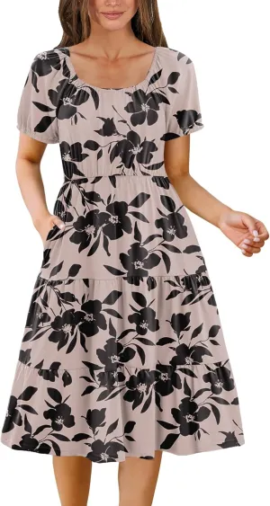 Zeagoo Women's Summer Dress Casual Puff Sleeve Square Neck Midi Dresses Tiered Beach Vacation A-Line Sundress with Pockets