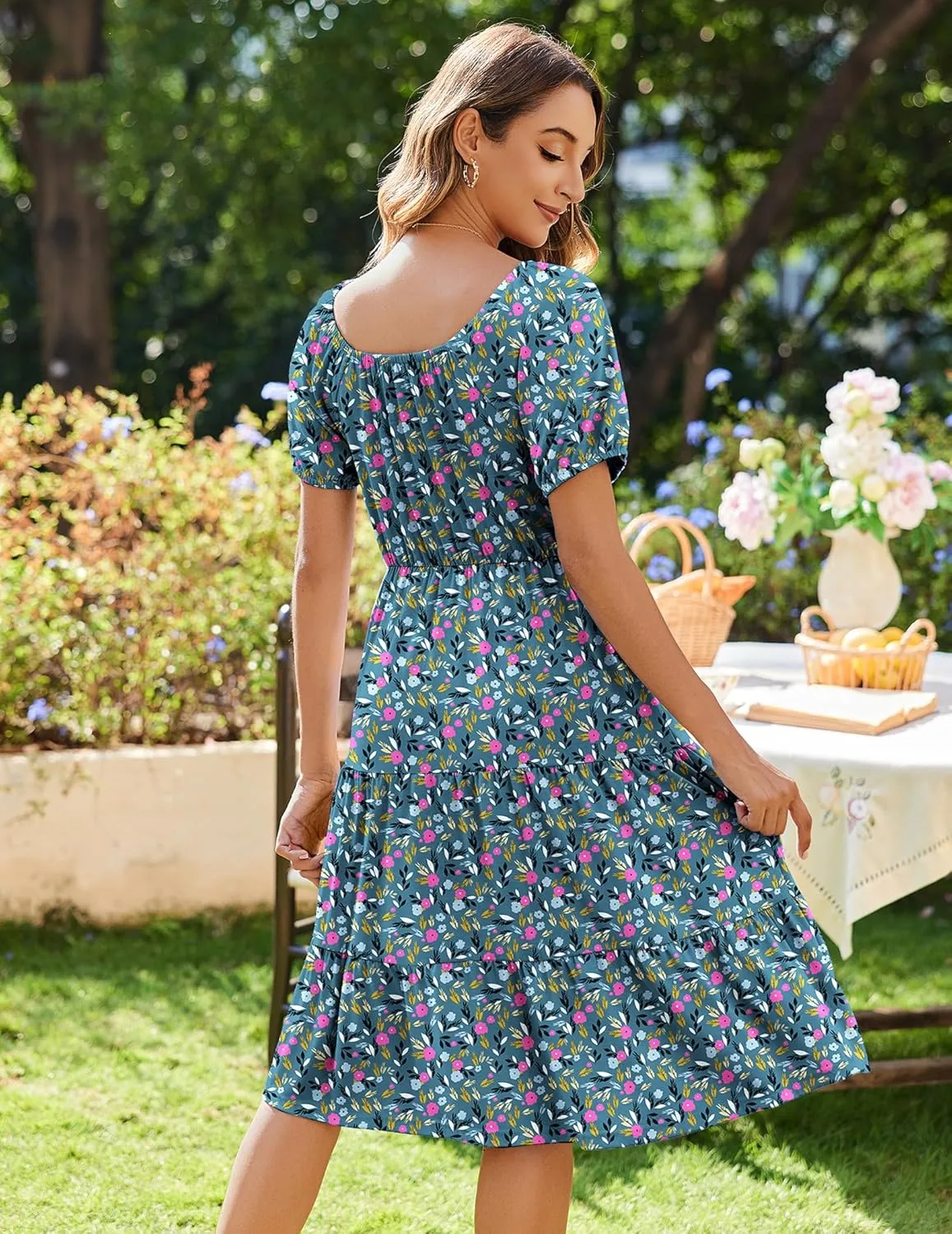 Zeagoo Women's Summer Dress Casual Puff Sleeve Square Neck Midi Dresses Tiered Beach Vacation A-Line Sundress with Pockets