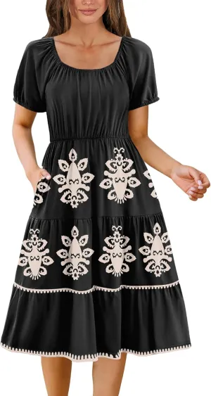 Zeagoo Women's Summer Dress Casual Puff Sleeve Square Neck Midi Dresses Tiered Beach Vacation A-Line Sundress with Pockets