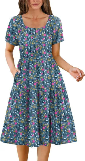 Zeagoo Women's Summer Dress Casual Puff Sleeve Square Neck Midi Dresses Tiered Beach Vacation A-Line Sundress with Pockets