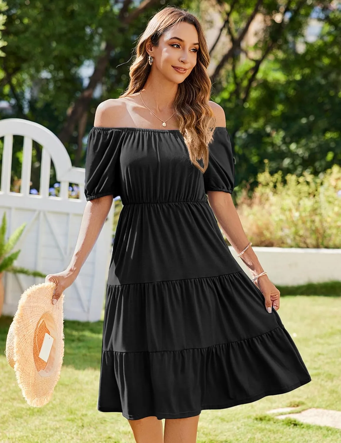 Zeagoo Women's Summer Dress Casual Puff Sleeve Square Neck Midi Dresses Tiered Beach Vacation A-Line Sundress with Pockets