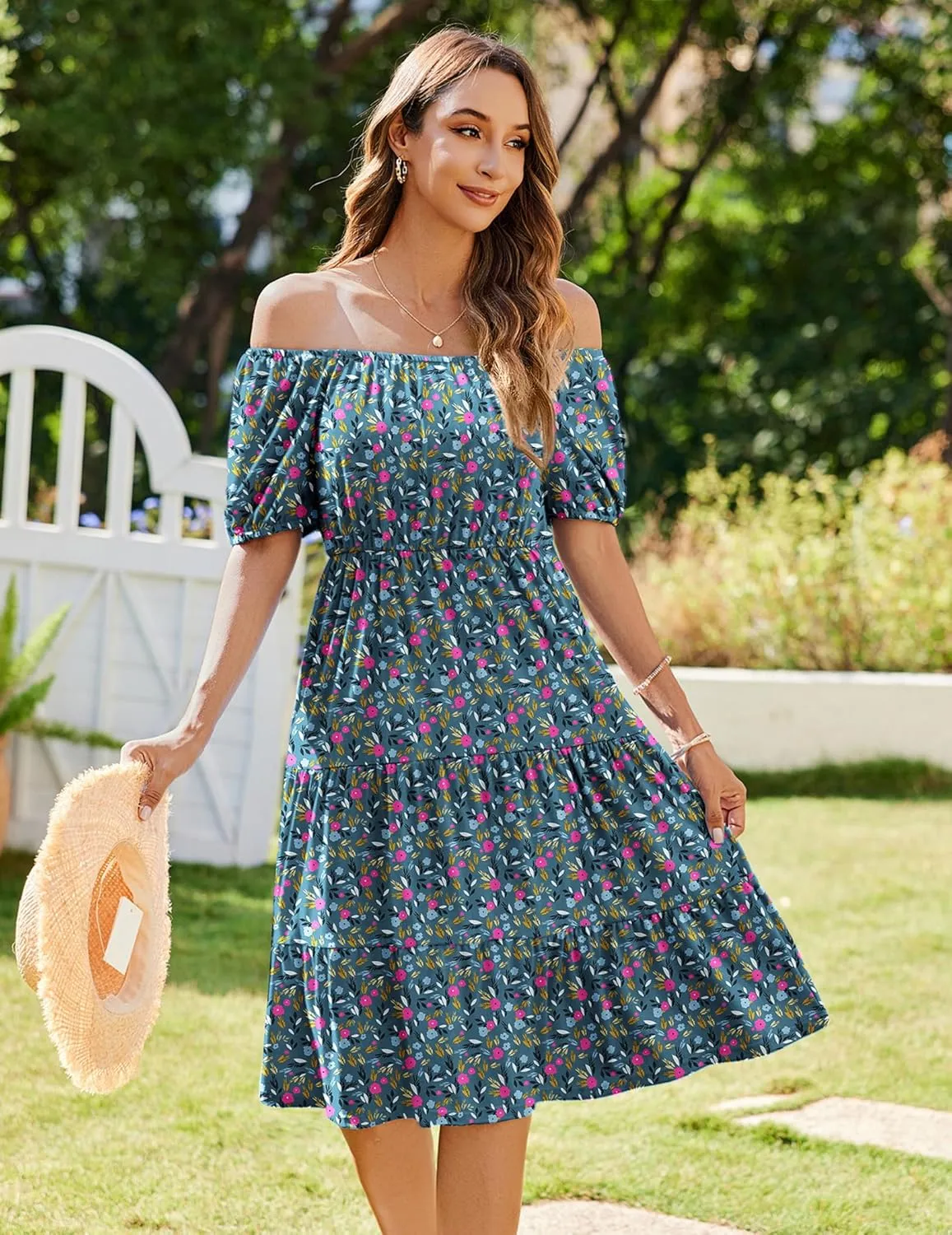 Zeagoo Women's Summer Dress Casual Puff Sleeve Square Neck Midi Dresses Tiered Beach Vacation A-Line Sundress with Pockets