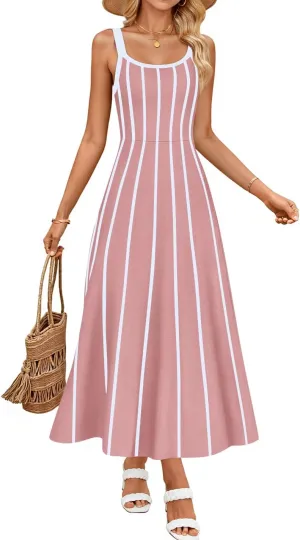 ZESICA Womens 2025 Summer Sleeveless Striped Midi Dresses Casual A Line Swing Knit Long Dress Beach Vacation Clothes