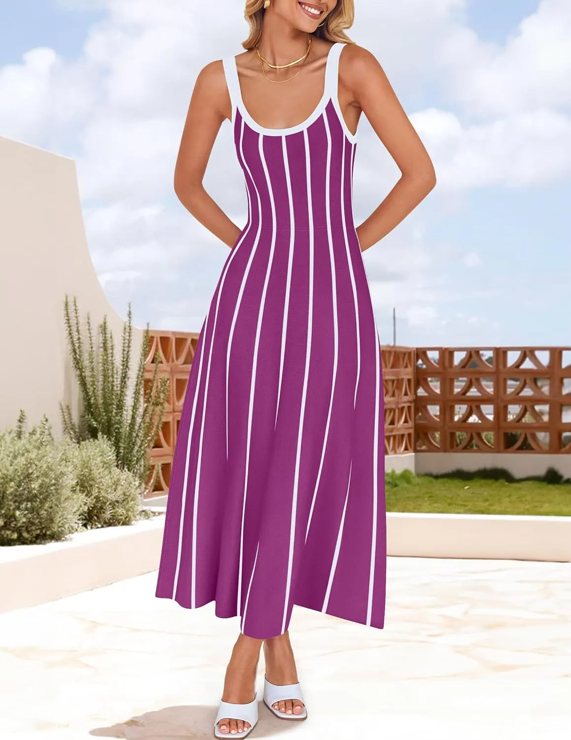 ZESICA Womens 2025 Summer Sleeveless Striped Midi Dresses Casual A Line Swing Knit Long Dress Beach Vacation Clothes
