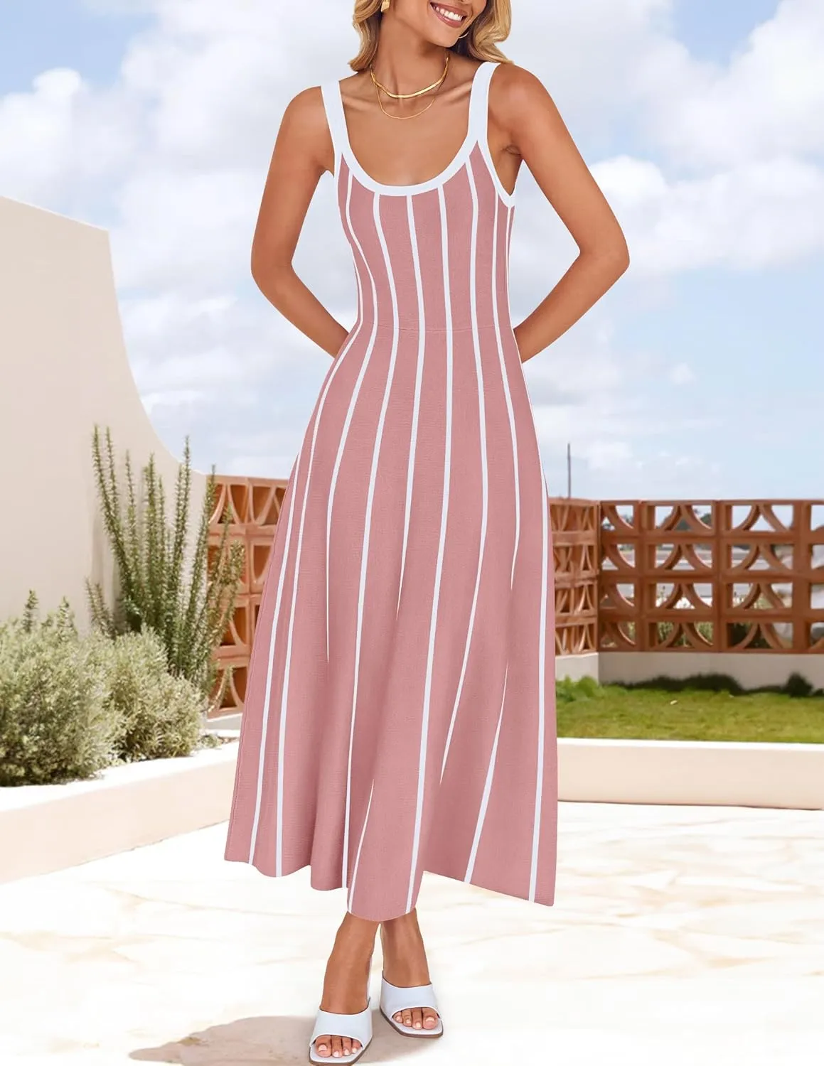 ZESICA Womens 2025 Summer Sleeveless Striped Midi Dresses Casual A Line Swing Knit Long Dress Beach Vacation Clothes