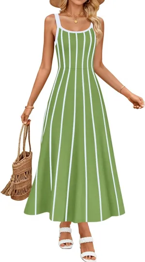 ZESICA Womens 2025 Summer Sleeveless Striped Midi Dresses Casual A Line Swing Knit Long Dress Beach Vacation Clothes