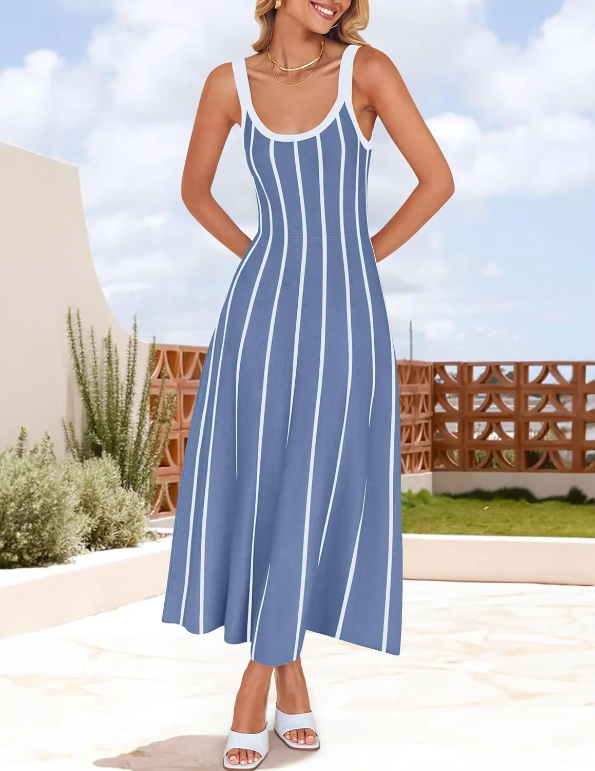 ZESICA Womens 2025 Summer Sleeveless Striped Midi Dresses Casual A Line Swing Knit Long Dress Beach Vacation Clothes