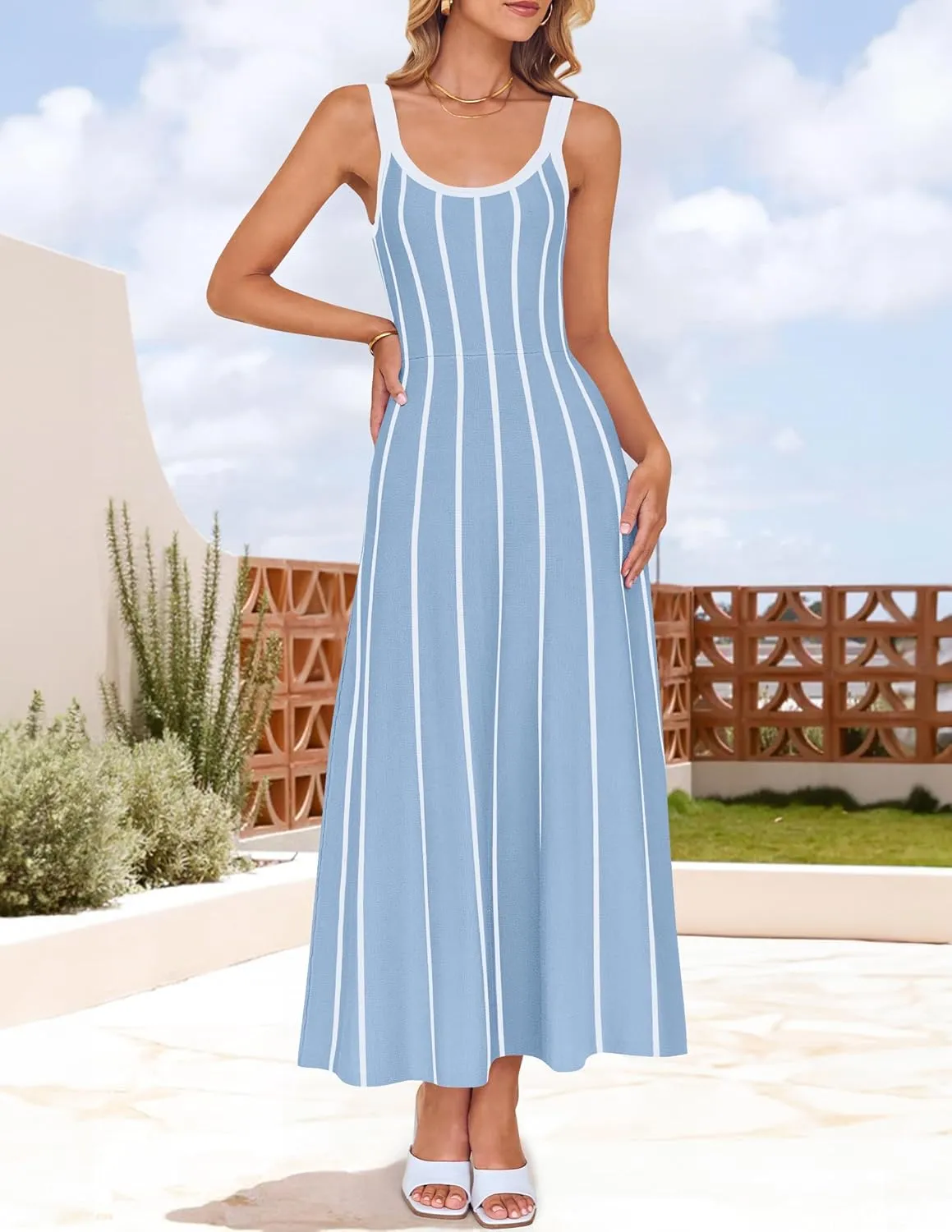 ZESICA Womens 2025 Summer Sleeveless Striped Midi Dresses Casual A Line Swing Knit Long Dress Beach Vacation Clothes