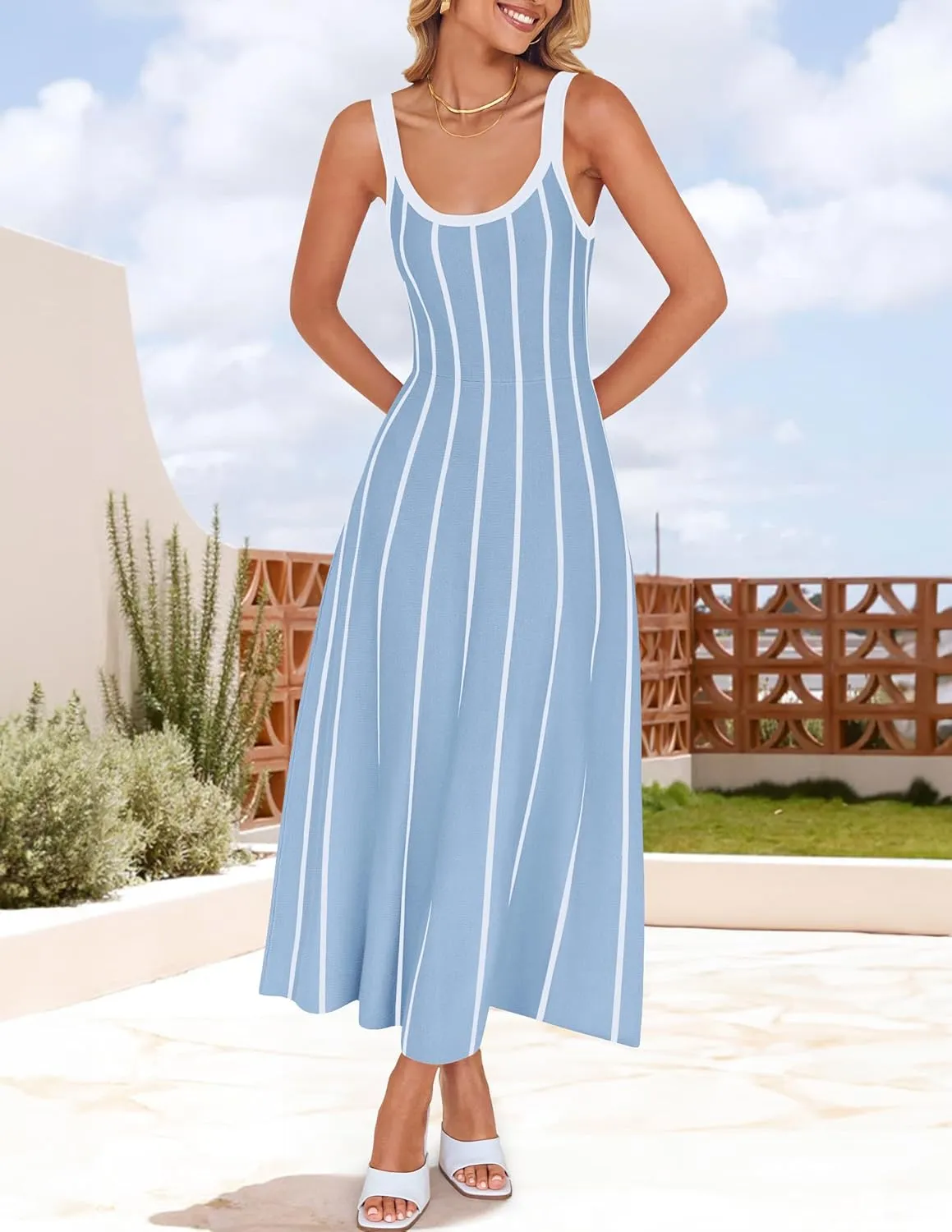 ZESICA Womens 2025 Summer Sleeveless Striped Midi Dresses Casual A Line Swing Knit Long Dress Beach Vacation Clothes