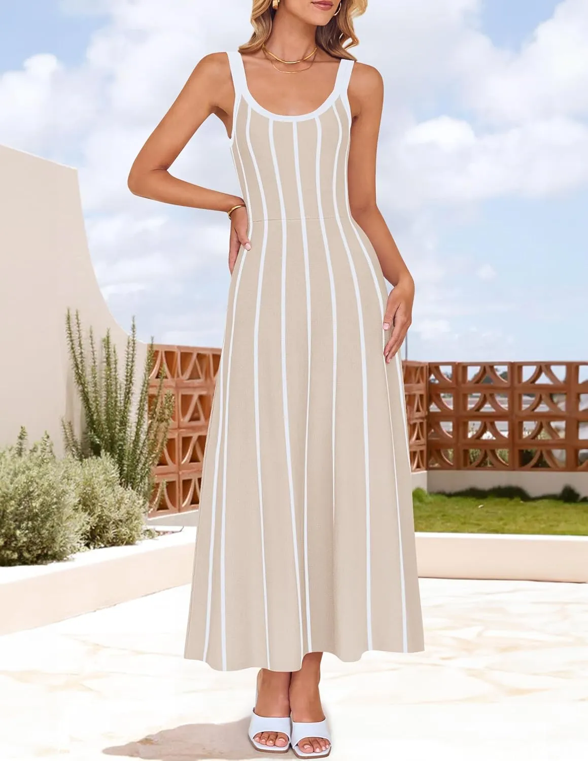 ZESICA Womens 2025 Summer Sleeveless Striped Midi Dresses Casual A Line Swing Knit Long Dress Beach Vacation Clothes