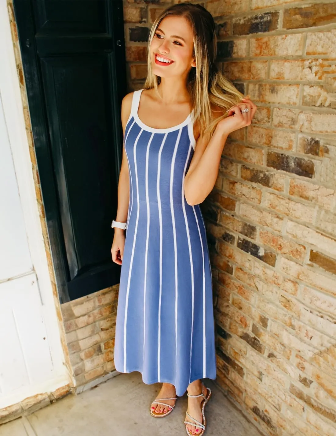 ZESICA Womens 2025 Summer Sleeveless Striped Midi Dresses Casual A Line Swing Knit Long Dress Beach Vacation Clothes