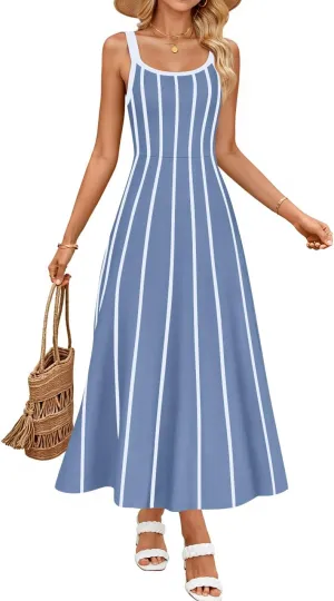 ZESICA Womens 2025 Summer Sleeveless Striped Midi Dresses Casual A Line Swing Knit Long Dress Beach Vacation Clothes