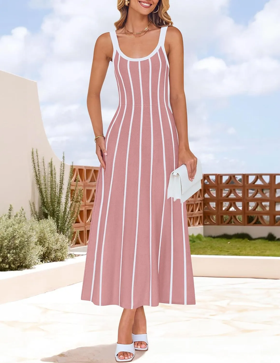 ZESICA Womens 2025 Summer Sleeveless Striped Midi Dresses Casual A Line Swing Knit Long Dress Beach Vacation Clothes