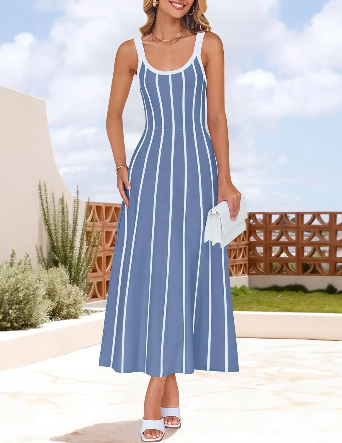 ZESICA Womens 2025 Summer Sleeveless Striped Midi Dresses Casual A Line Swing Knit Long Dress Beach Vacation Clothes
