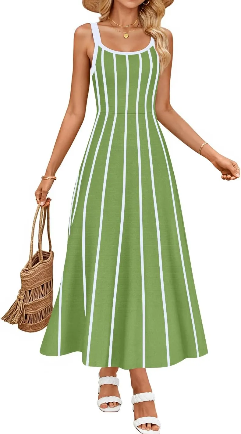 ZESICA Womens 2025 Summer Sleeveless Striped Midi Dresses Casual A Line Swing Knit Long Dress Beach Vacation Clothes