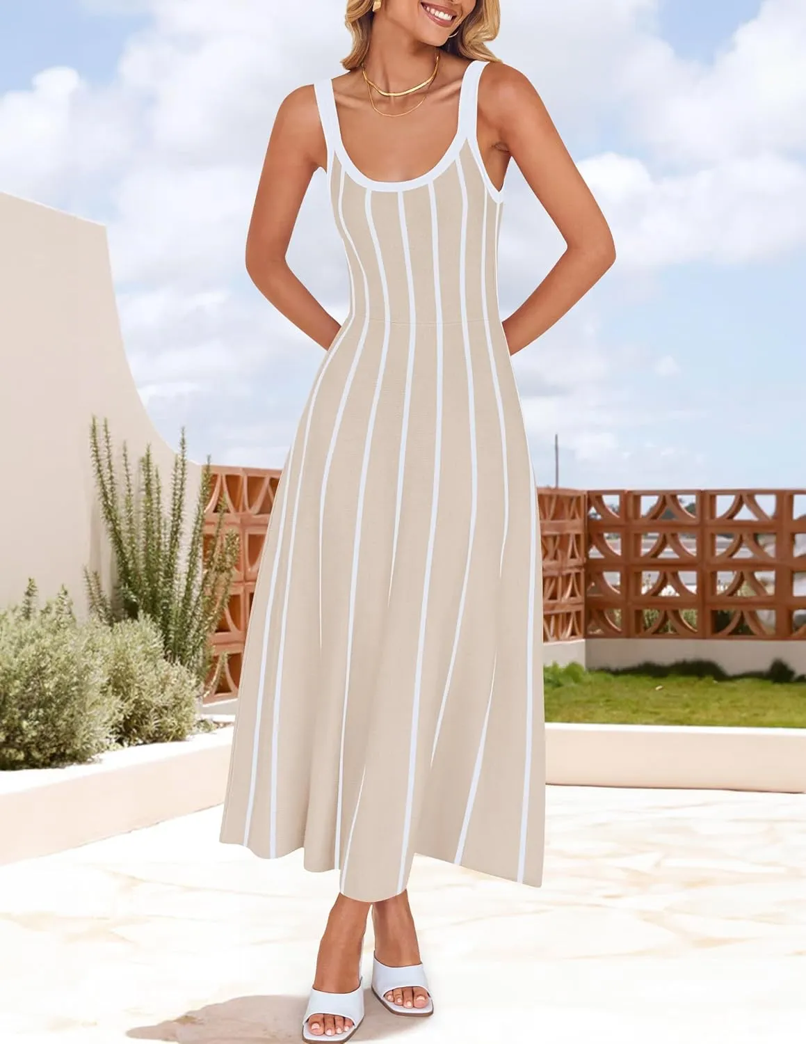 ZESICA Womens 2025 Summer Sleeveless Striped Midi Dresses Casual A Line Swing Knit Long Dress Beach Vacation Clothes