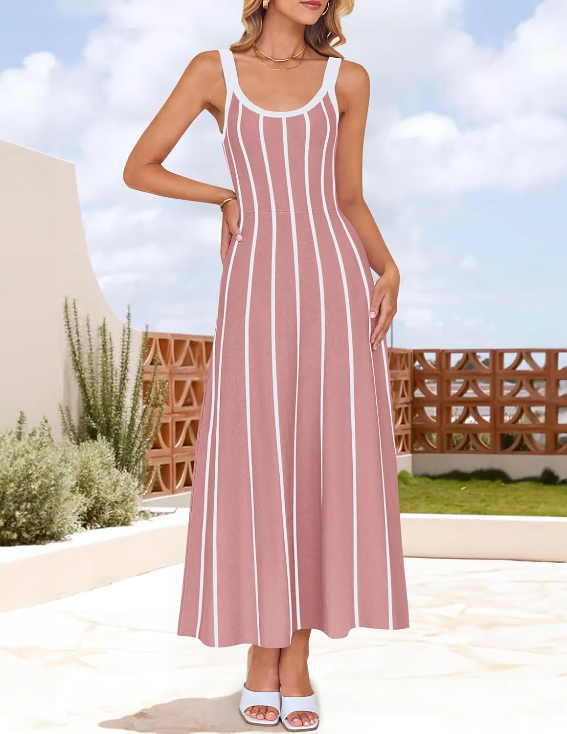 ZESICA Womens 2025 Summer Sleeveless Striped Midi Dresses Casual A Line Swing Knit Long Dress Beach Vacation Clothes