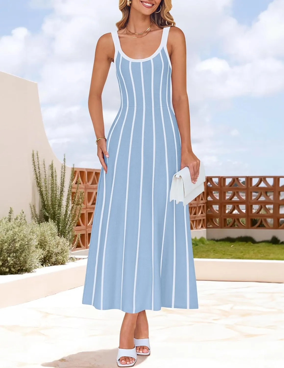 ZESICA Womens 2025 Summer Sleeveless Striped Midi Dresses Casual A Line Swing Knit Long Dress Beach Vacation Clothes