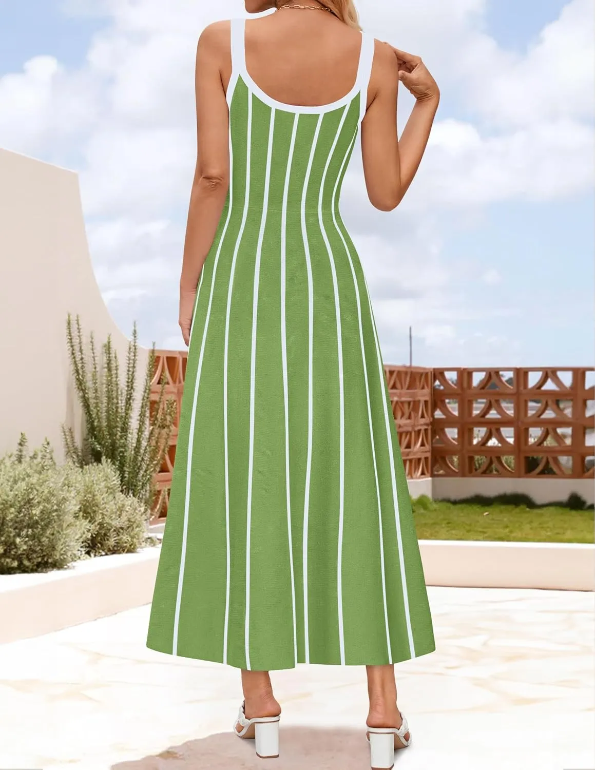 ZESICA Womens 2025 Summer Sleeveless Striped Midi Dresses Casual A Line Swing Knit Long Dress Beach Vacation Clothes