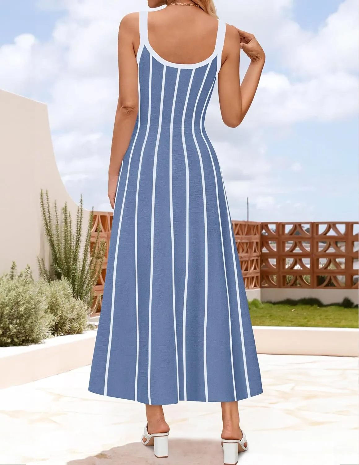 ZESICA Womens 2025 Summer Sleeveless Striped Midi Dresses Casual A Line Swing Knit Long Dress Beach Vacation Clothes