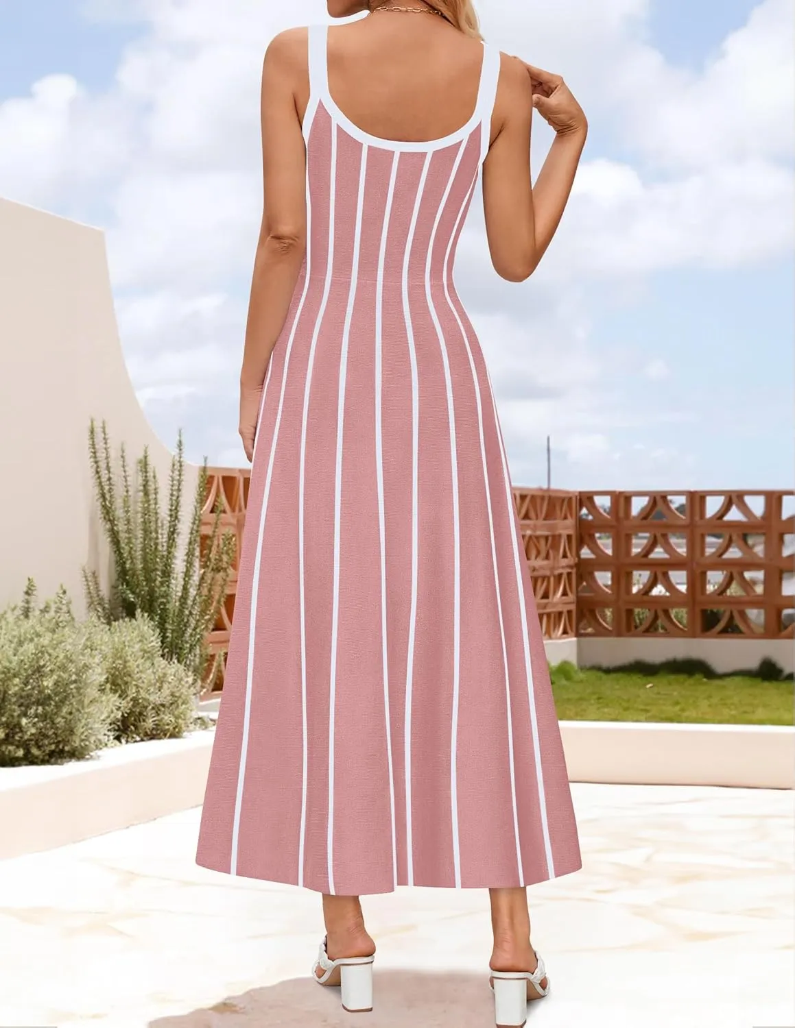 ZESICA Womens 2025 Summer Sleeveless Striped Midi Dresses Casual A Line Swing Knit Long Dress Beach Vacation Clothes