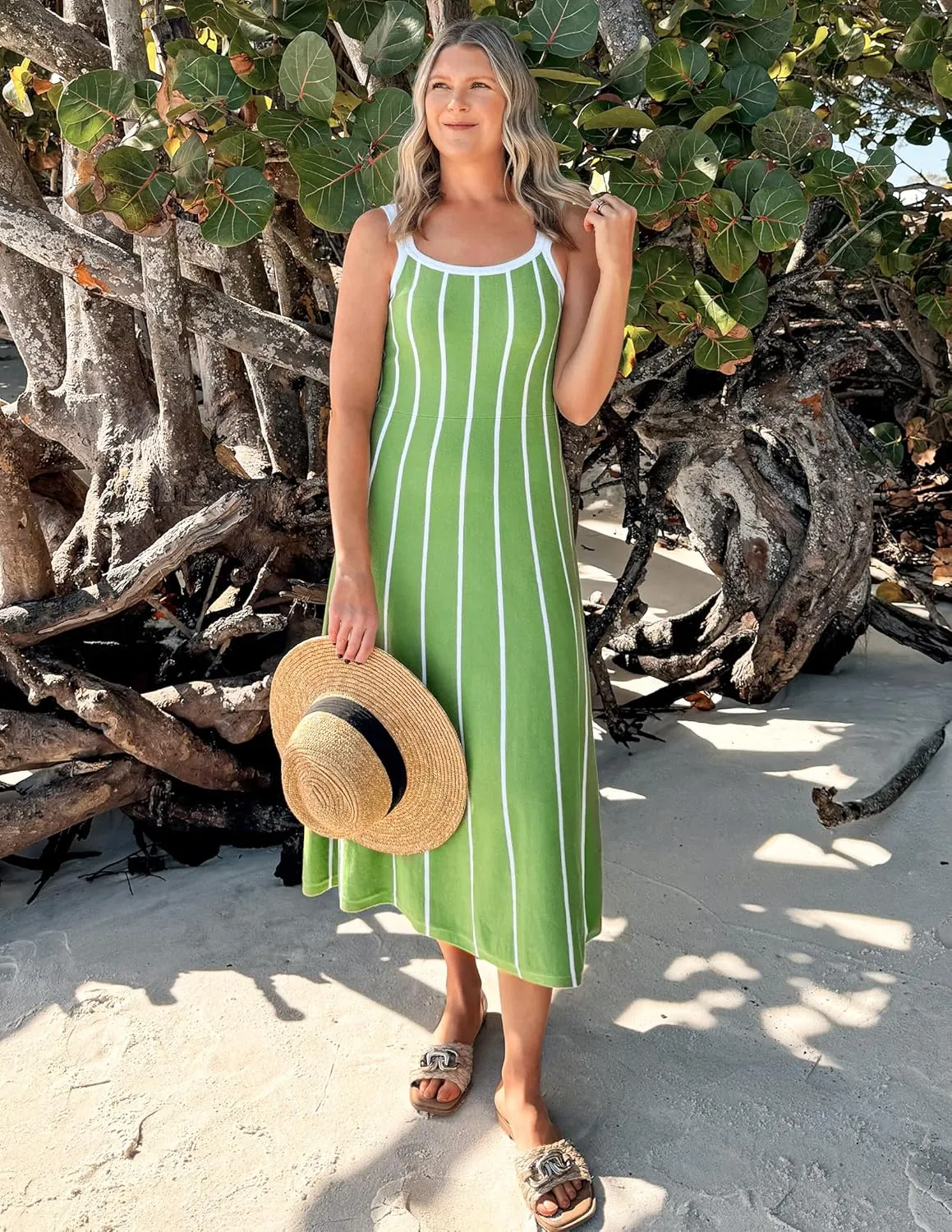 ZESICA Womens 2025 Summer Sleeveless Striped Midi Dresses Casual A Line Swing Knit Long Dress Beach Vacation Clothes