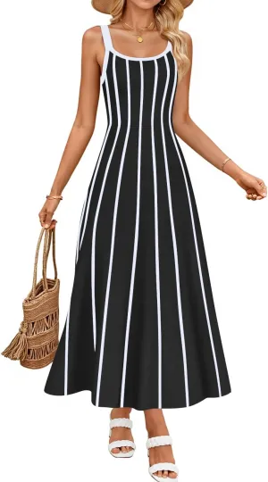 ZESICA Womens 2025 Summer Sleeveless Striped Midi Dresses Casual A Line Swing Knit Long Dress Beach Vacation Clothes