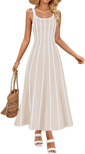 ZESICA Womens 2025 Summer Sleeveless Striped Midi Dresses Casual A Line Swing Knit Long Dress Beach Vacation Clothes