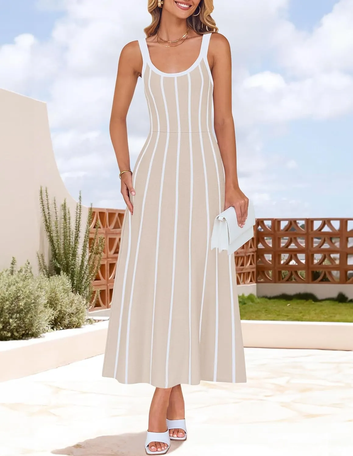 ZESICA Womens 2025 Summer Sleeveless Striped Midi Dresses Casual A Line Swing Knit Long Dress Beach Vacation Clothes