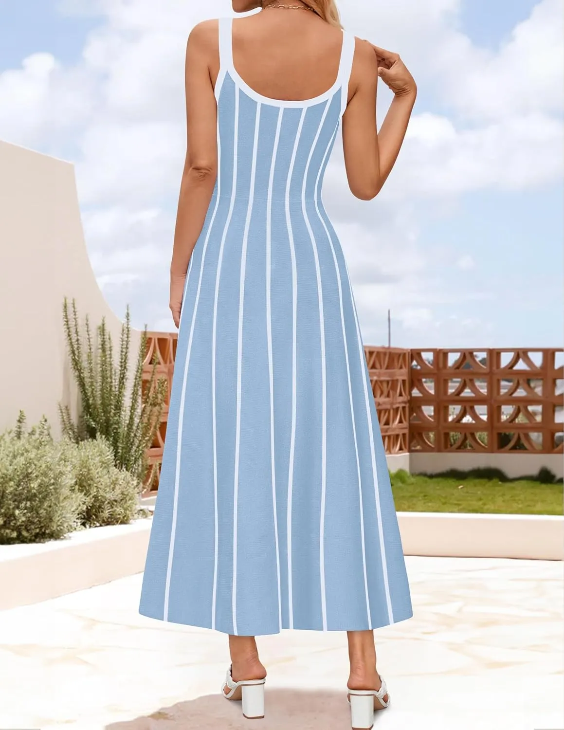 ZESICA Womens 2025 Summer Sleeveless Striped Midi Dresses Casual A Line Swing Knit Long Dress Beach Vacation Clothes