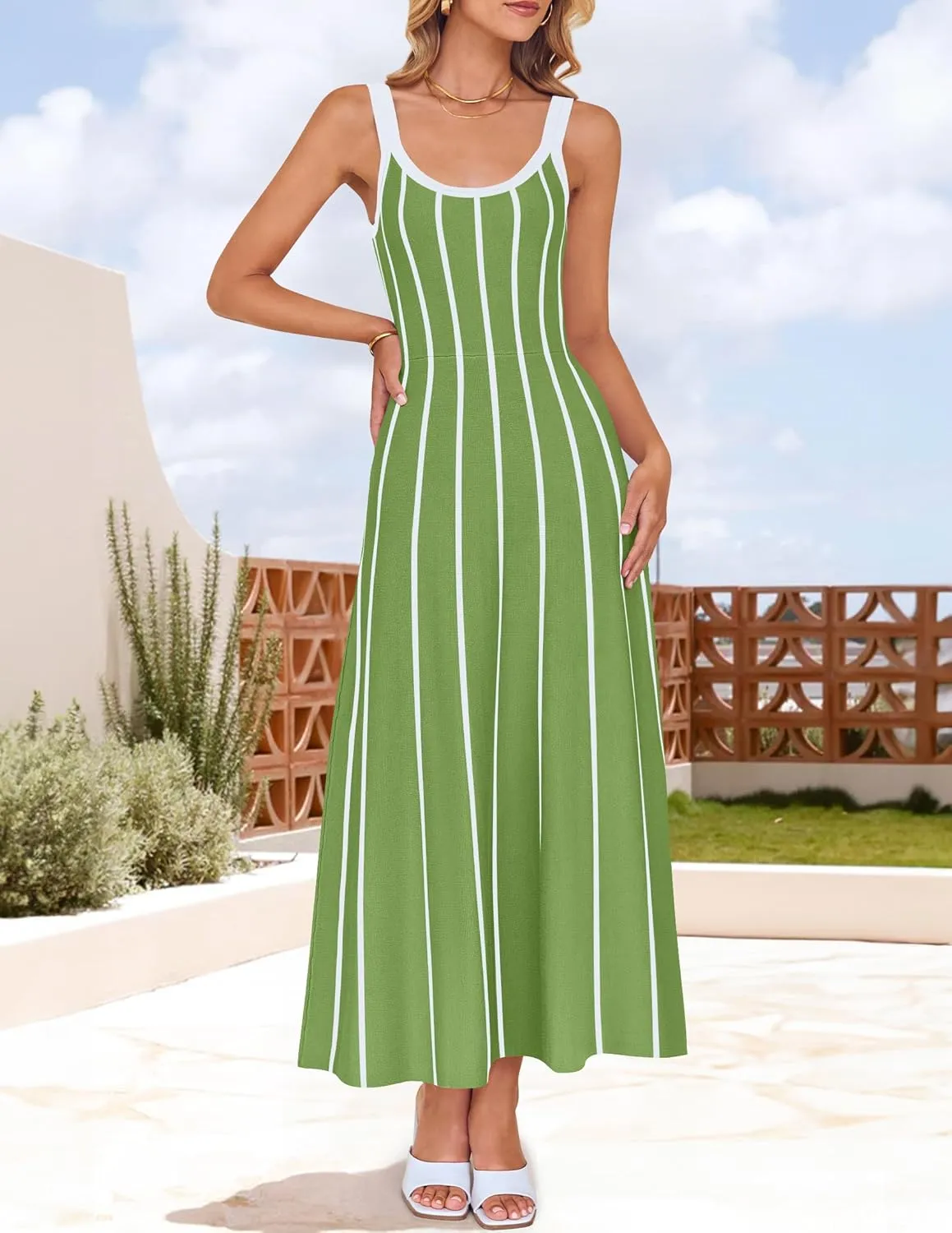 ZESICA Womens 2025 Summer Sleeveless Striped Midi Dresses Casual A Line Swing Knit Long Dress Beach Vacation Clothes