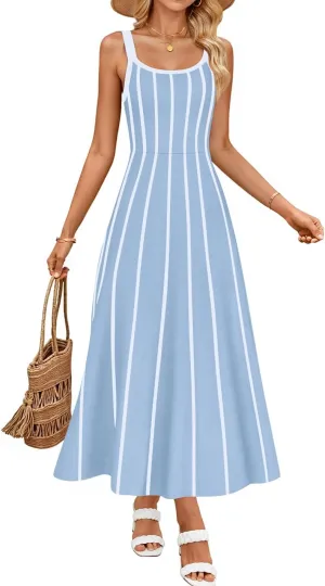 ZESICA Womens 2025 Summer Sleeveless Striped Midi Dresses Casual A Line Swing Knit Long Dress Beach Vacation Clothes