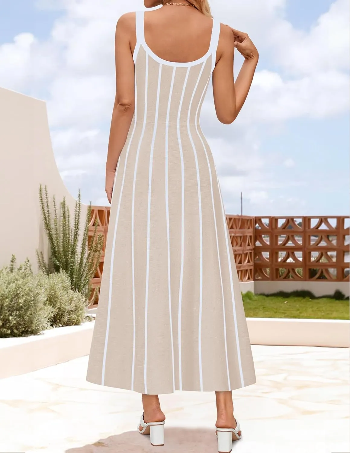 ZESICA Womens 2025 Summer Sleeveless Striped Midi Dresses Casual A Line Swing Knit Long Dress Beach Vacation Clothes