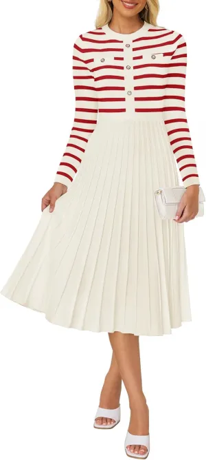 ZESICA Womens Long Sleeve Striped Midi Dresses Crewneck Button Ribbed Knit Pleated A Line Swing Sweater Dress