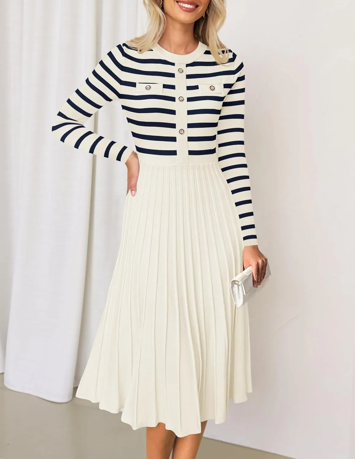 ZESICA Womens Long Sleeve Striped Midi Dresses Crewneck Button Ribbed Knit Pleated A Line Swing Sweater Dress