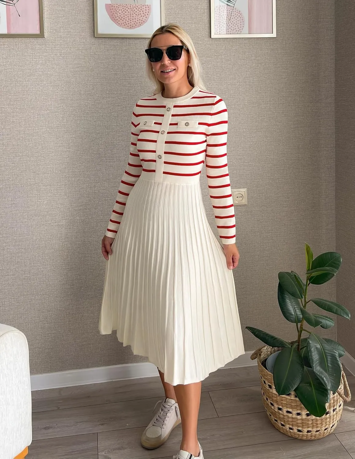 ZESICA Womens Long Sleeve Striped Midi Dresses Crewneck Button Ribbed Knit Pleated A Line Swing Sweater Dress