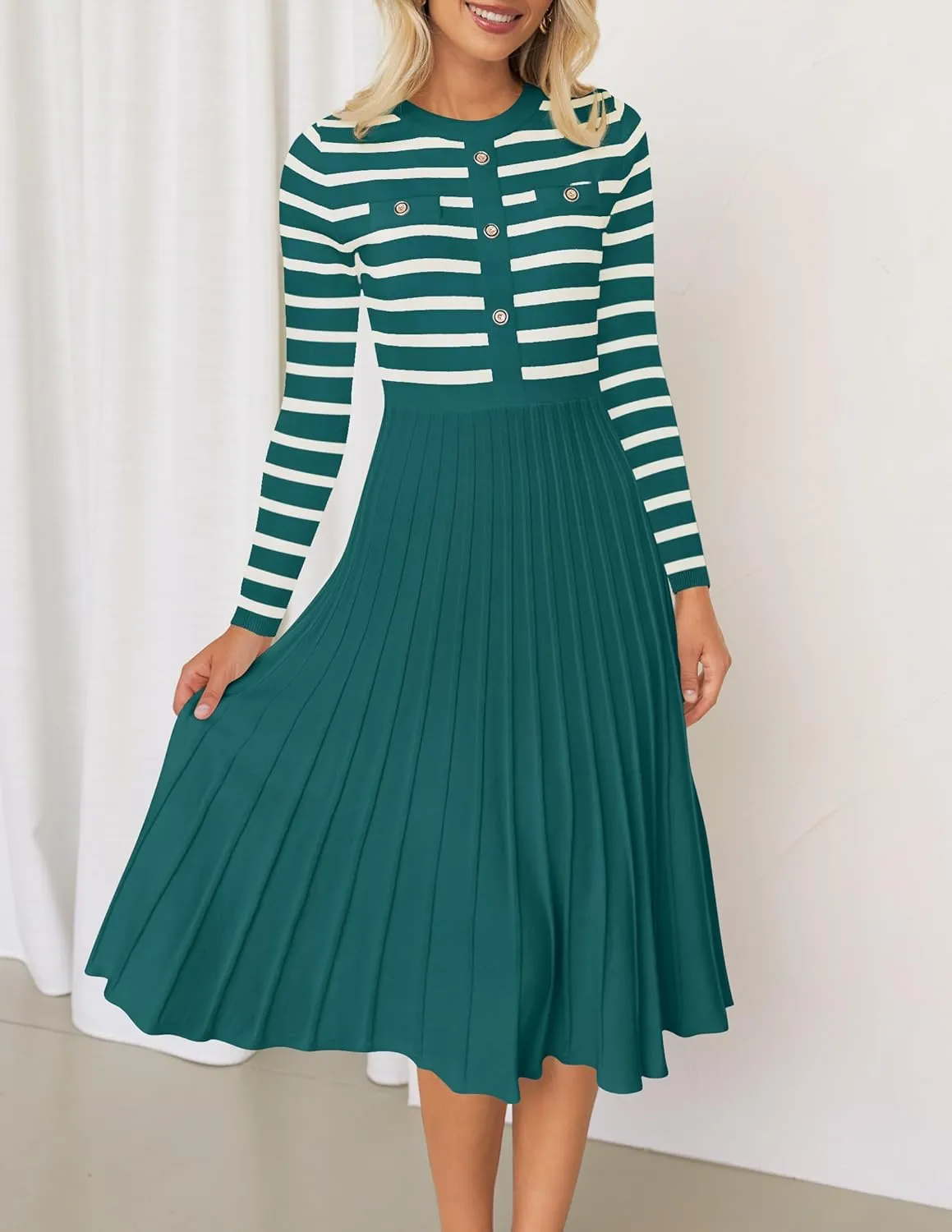 ZESICA Womens Long Sleeve Striped Midi Dresses Crewneck Button Ribbed Knit Pleated A Line Swing Sweater Dress